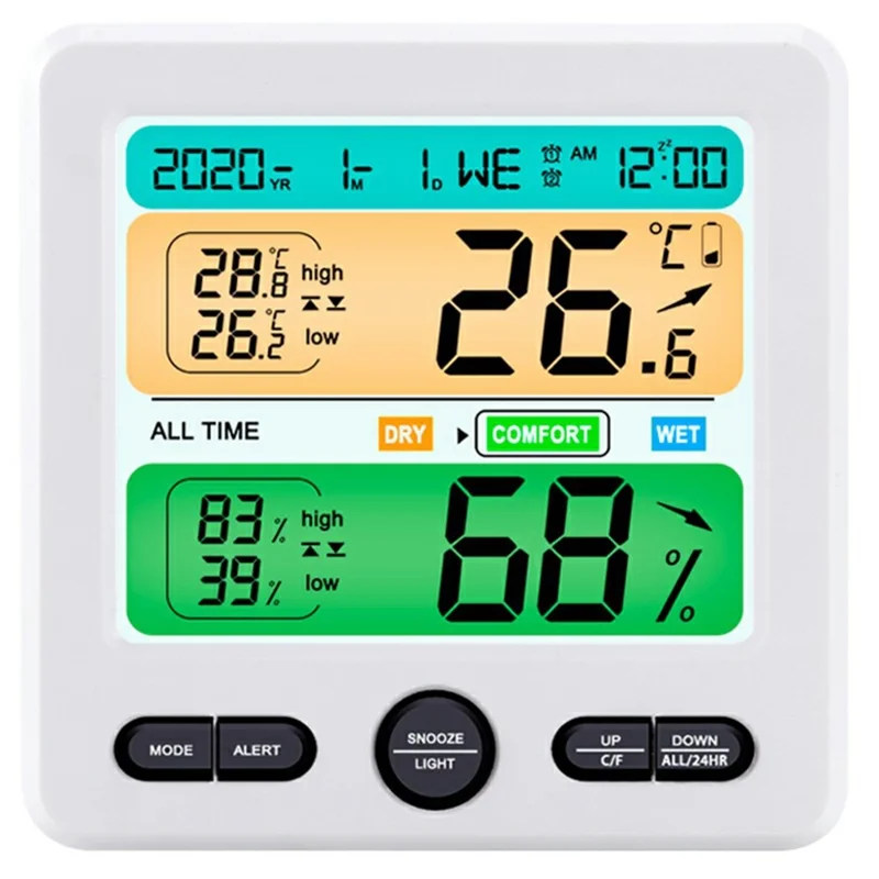 TS-6211 Multifunctional Digital Hygrometer Thermometer Large Display Temperature Humidity Monitor Electronic Clock - White
