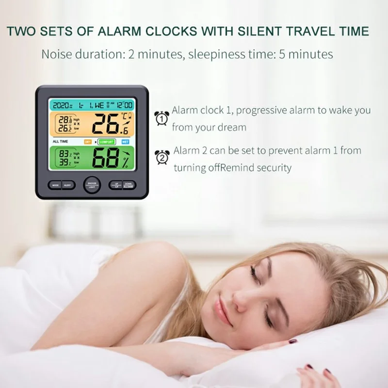 TS-6211 Multifunctional Digital Hygrometer Thermometer Large Display Temperature Humidity Monitor Electronic Clock - White