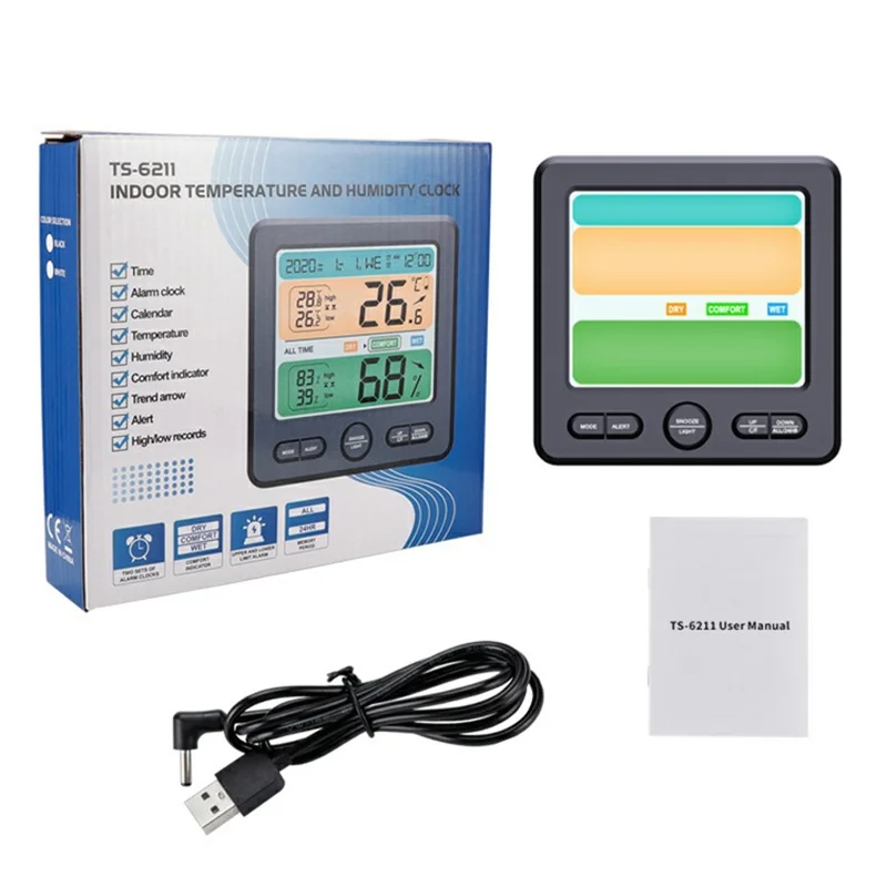 TS-6211 Multifunctional Digital Hygrometer Thermometer Large Display Temperature Humidity Monitor Electronic Clock - White