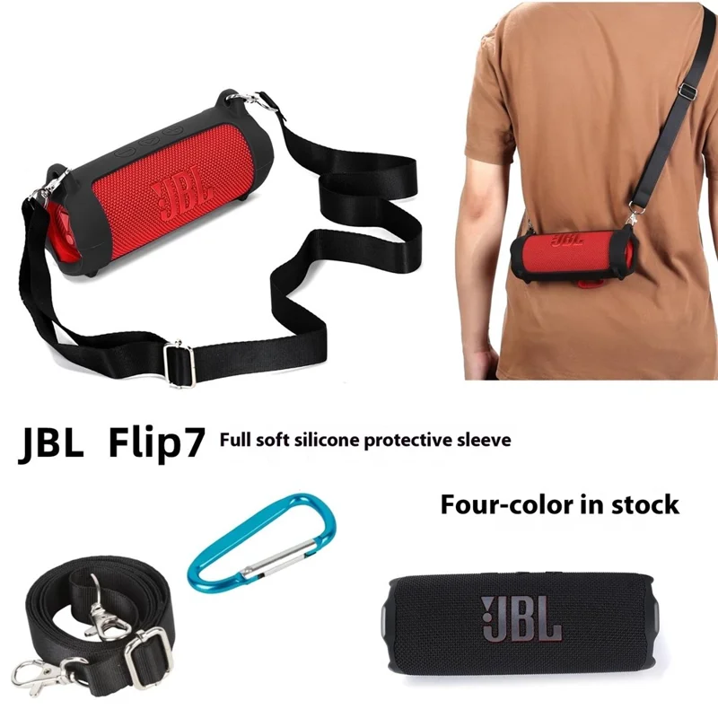 Capa de Silicone para Alto-falante JBL Flip 7 com Alça de Ombro / Mosquetão - Preto