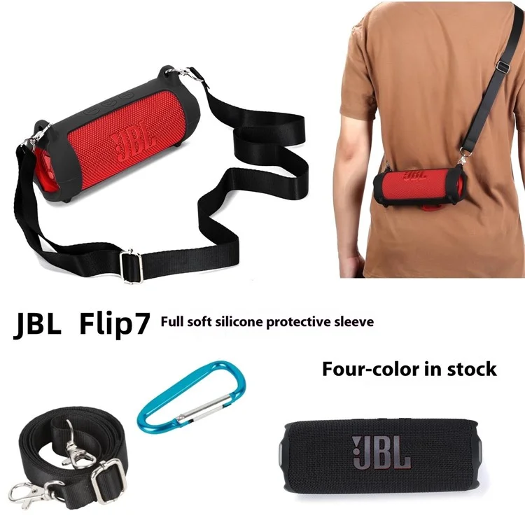 For JBL Flip 7 Speaker Silicone Case Portable Protective Cover with Shoulder Strap / Carabiner - Red