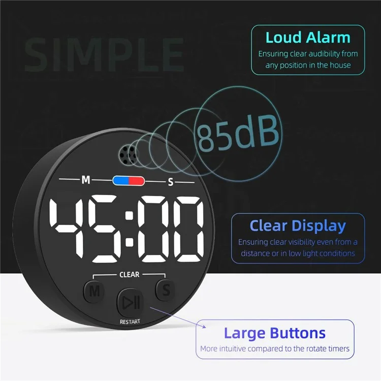 GL320 LLR109 Magnetic LED Timer Digital Display Countdown Clock for Kitchen Baking Timing Tool - White