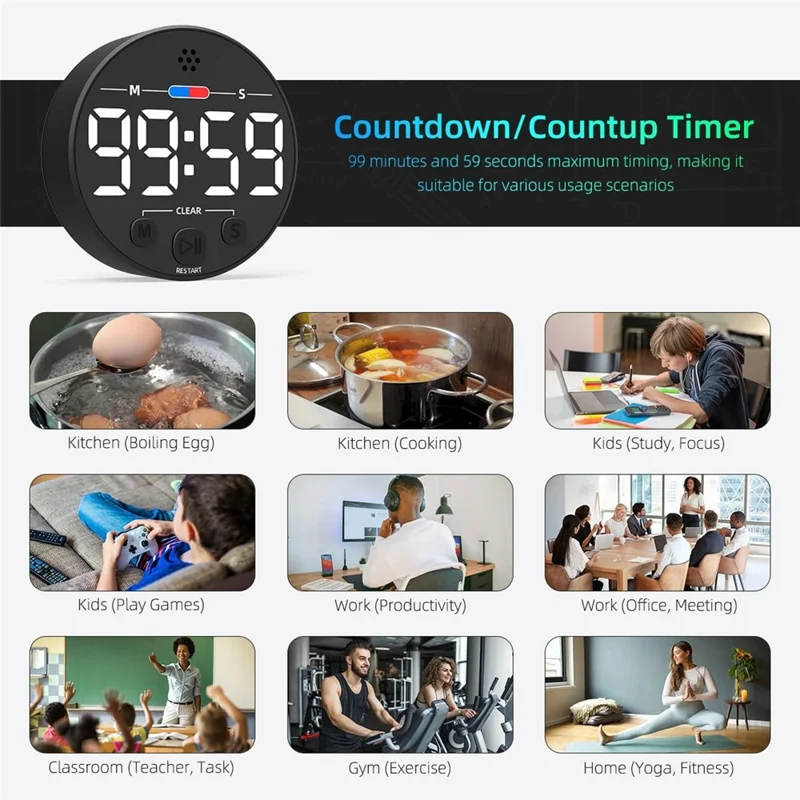 GL320 LLR109 Magnetic LED Timer Digital Display Countdown Clock for Kitchen Baking Timing Tool - White