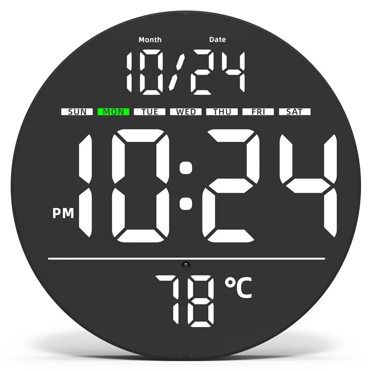 LLR083 20cm Diameter Multifunction LED Digital Wall Clock with Temperature Date Week Display - White