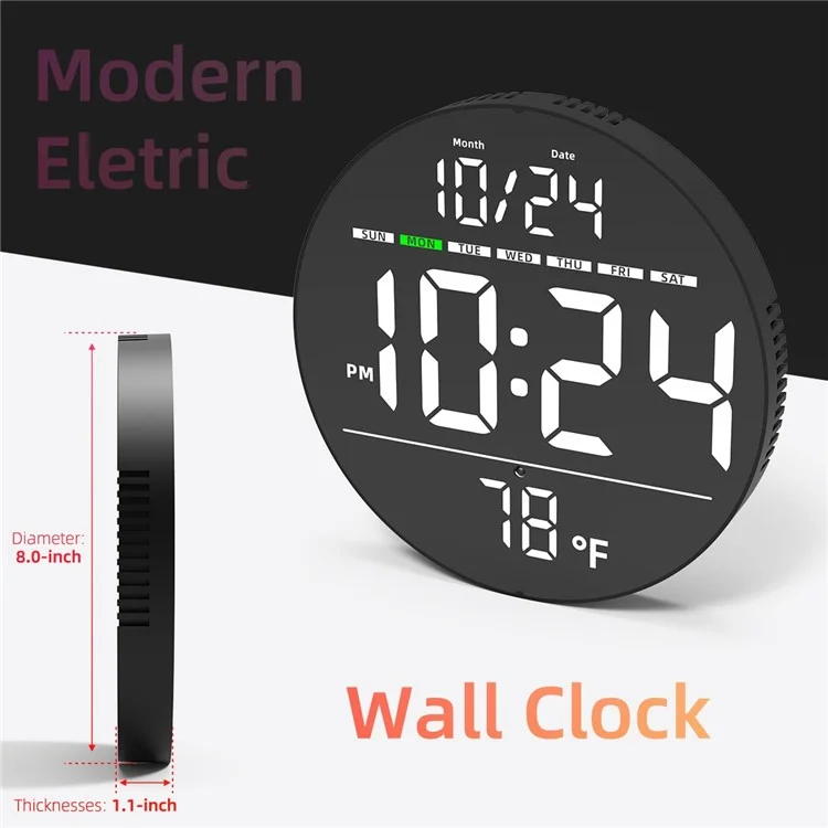 LLR083 20cm Diameter Multifunction LED Digital Wall Clock with Temperature Date Week Display - White