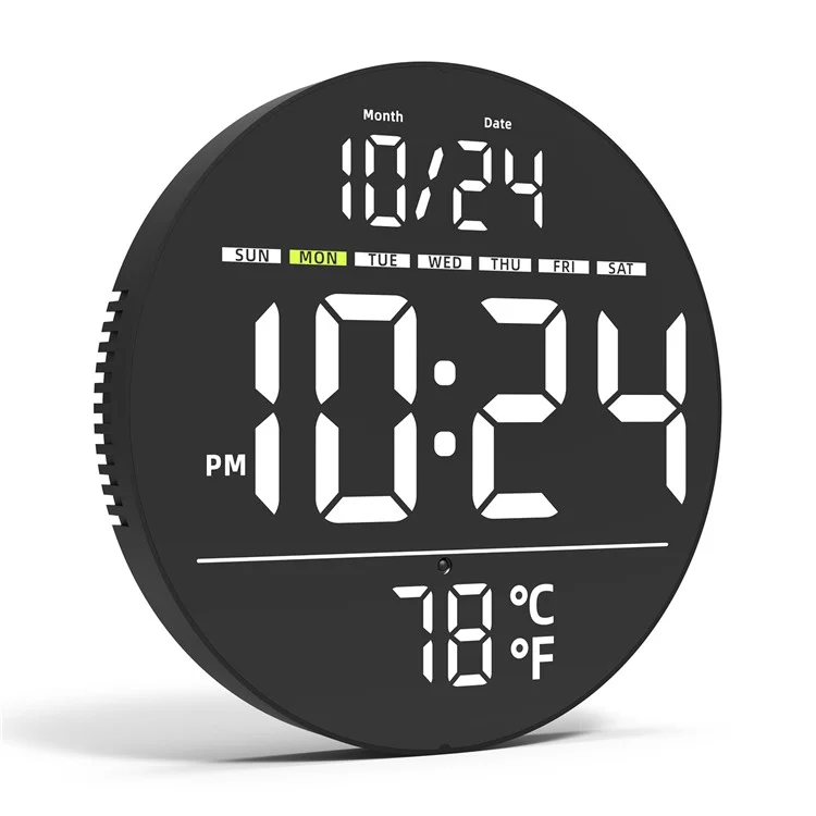 LLR083 20cm Diameter Multifunction LED Digital Wall Clock with Temperature Date Week Display - White