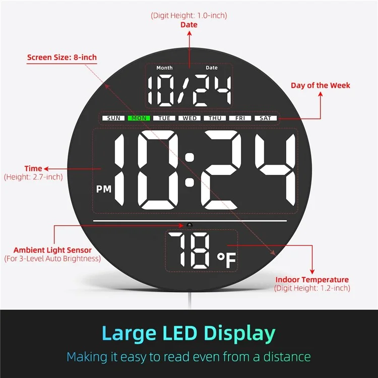 LLR083 20cm Diameter Multifunction LED Digital Wall Clock with Temperature Date Week Display - White