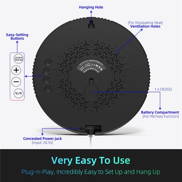 LLR083 20cm Diameter Multifunction LED Digital Wall Clock with Temperature Date Week Display - White