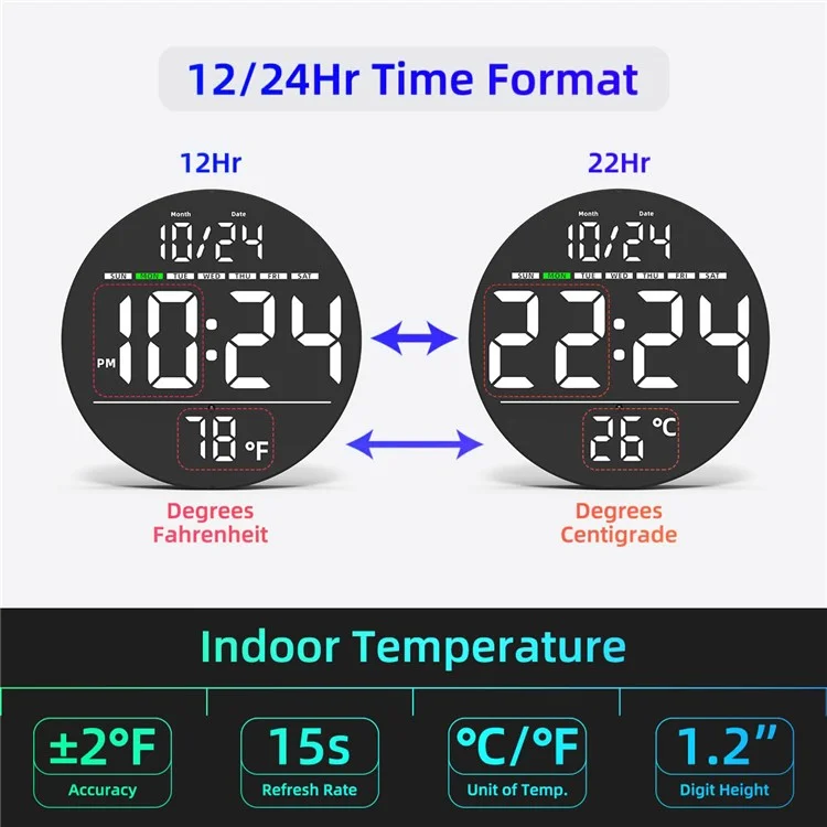 LLR083 20cm Diameter Multifunction LED Digital Wall Clock with Temperature Date Week Display - White