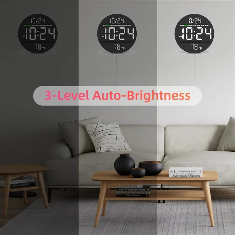 LLR083 20cm Diameter Multifunction LED Digital Wall Clock with Temperature Date Week Display - White