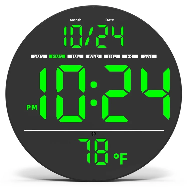 LLR083 20cm Diameter Multifunction LED Digital Wall Clock with Temperature Date Week Display - Green