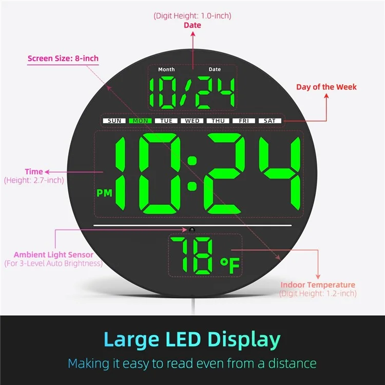 LLR083 20cm Diameter Multifunction LED Digital Wall Clock with Temperature Date Week Display - Green