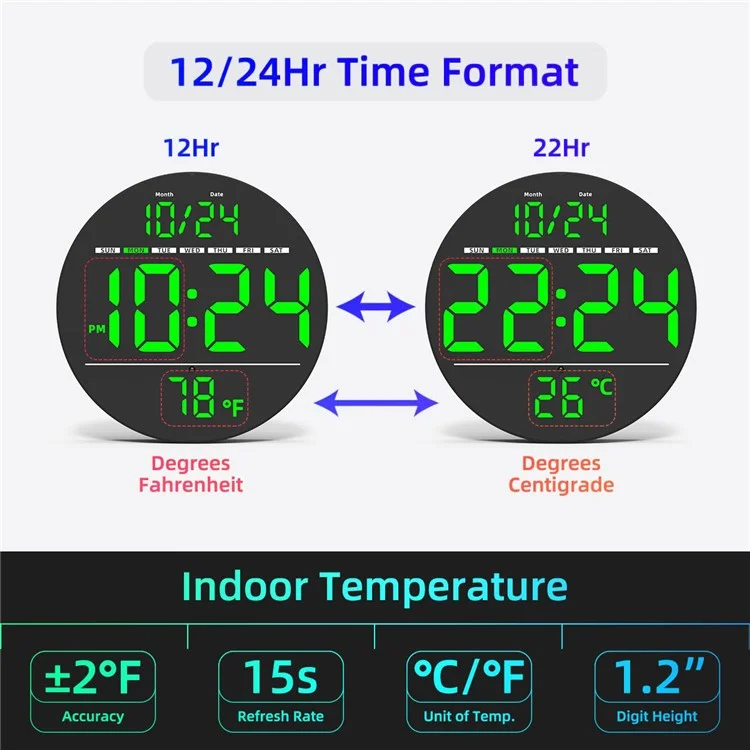 LLR083 20cm Diameter Multifunction LED Digital Wall Clock with Temperature Date Week Display - Green