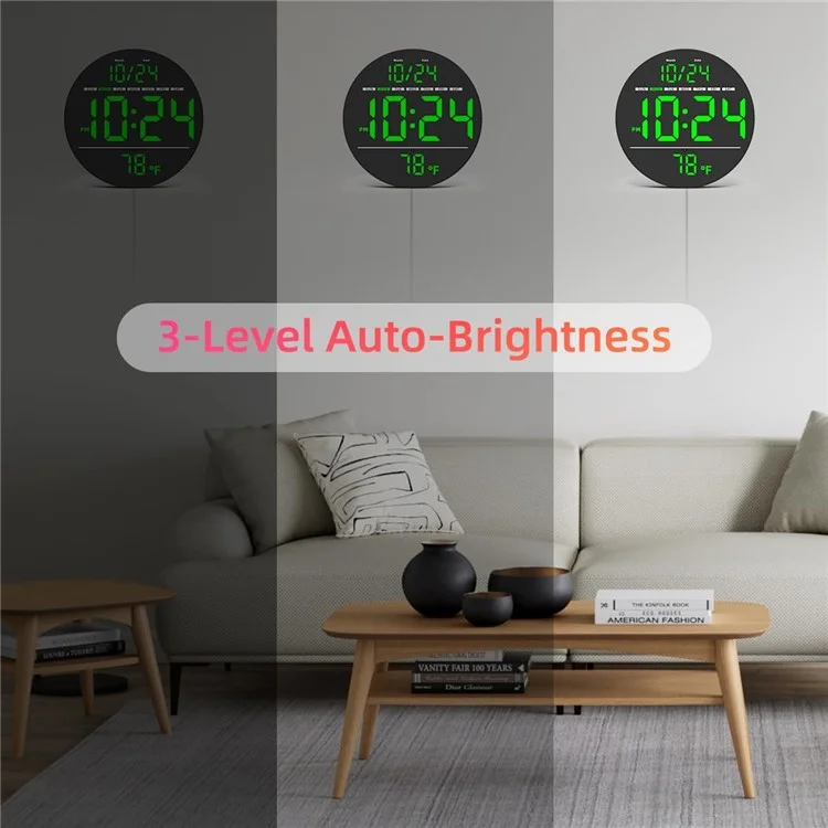 LLR083 20cm Diameter Multifunction LED Digital Wall Clock with Temperature Date Week Display - Green