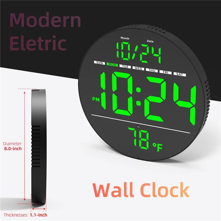 LLR083 20cm Diameter Multifunction LED Digital Wall Clock with Temperature Date Week Display - Green