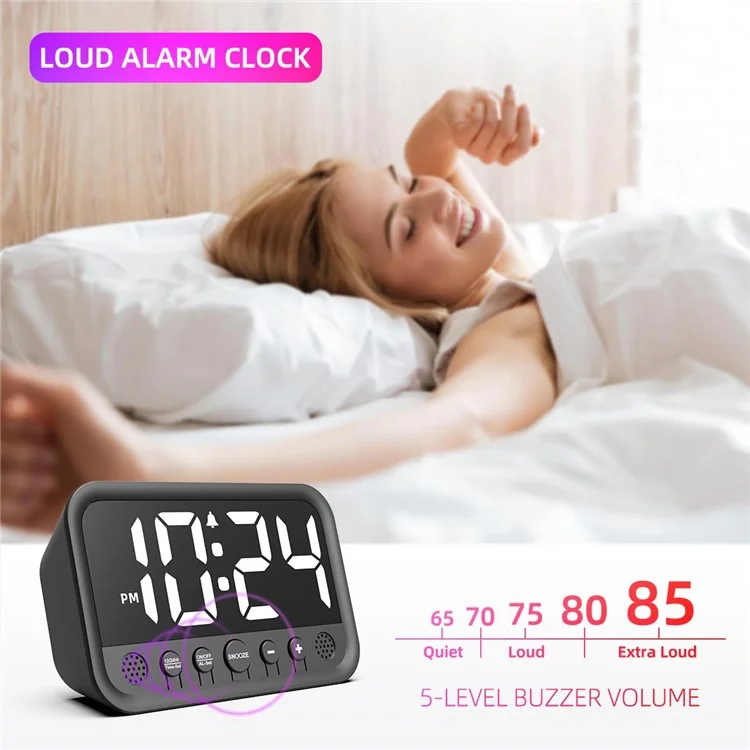 LLR104 Adjustable Volume Digital Alarm Clock USB Powered LED Display Desktop Clock with Snooze Function - White