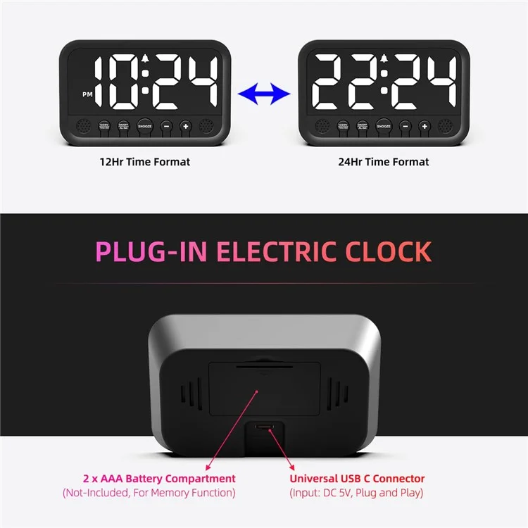 LLR104 Adjustable Volume Digital Alarm Clock USB Powered LED Display Desktop Clock with Snooze Function - White