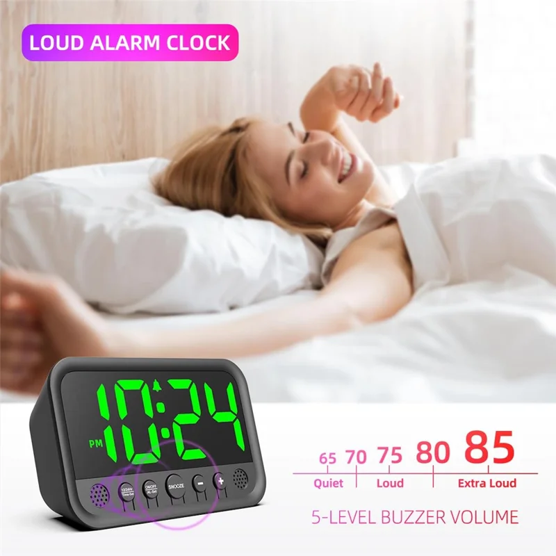 LLR104 Adjustable Volume Digital Alarm Clock USB Powered LED Display Desktop Clock with Snooze Function - Green