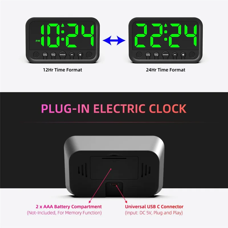 LLR104 Adjustable Volume Digital Alarm Clock USB Powered LED Display Desktop Clock with Snooze Function - Green