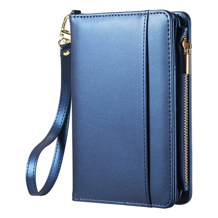 Cartera Multifuncional con Protección RFID, Porta Pasaporte con Cremallera, Organizador de Tarjetas, Bolsillo para Monedas y Correa de Muñeca - Azul Real