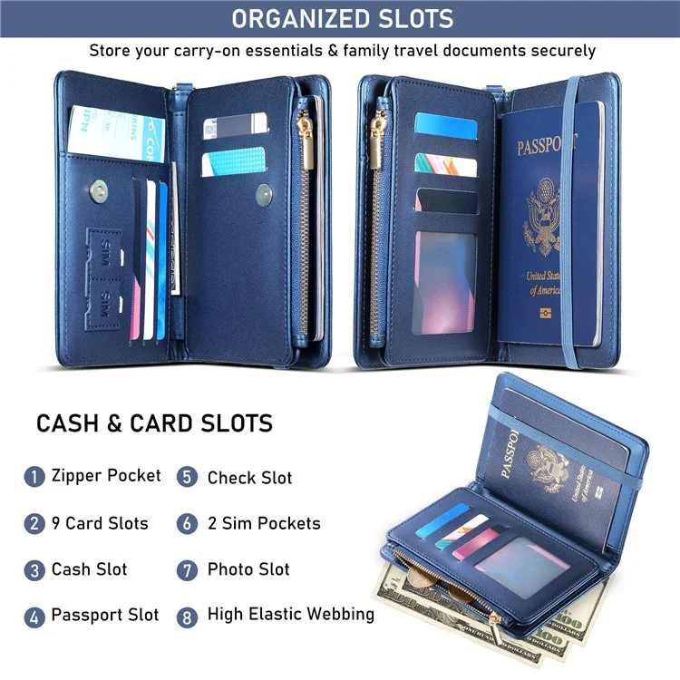Cartera Multifuncional con Protección RFID, Porta Pasaporte con Cremallera, Organizador de Tarjetas, Bolsillo para Monedas y Correa de Muñeca - Azul Real