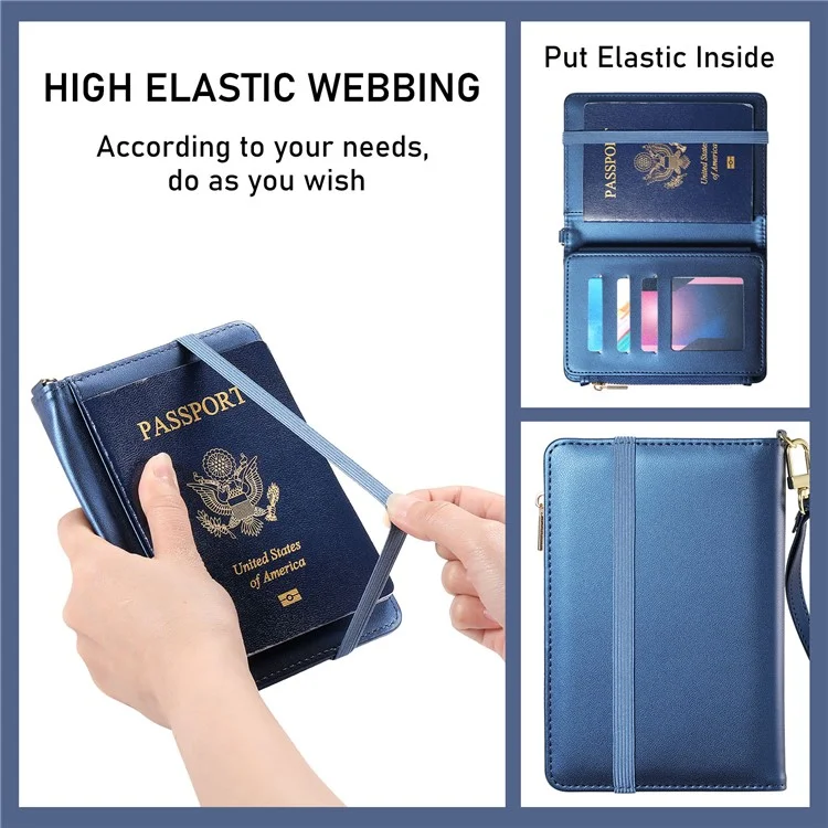Cartera Multifuncional con Protección RFID, Porta Pasaporte con Cremallera, Organizador de Tarjetas, Bolsillo para Monedas y Correa de Muñeca - Azul Real