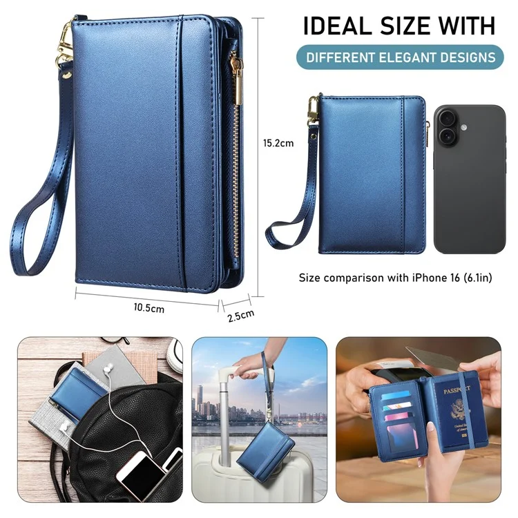 Cartera Multifuncional con Protección RFID, Porta Pasaporte con Cremallera, Organizador de Tarjetas, Bolsillo para Monedas y Correa de Muñeca - Azul Real