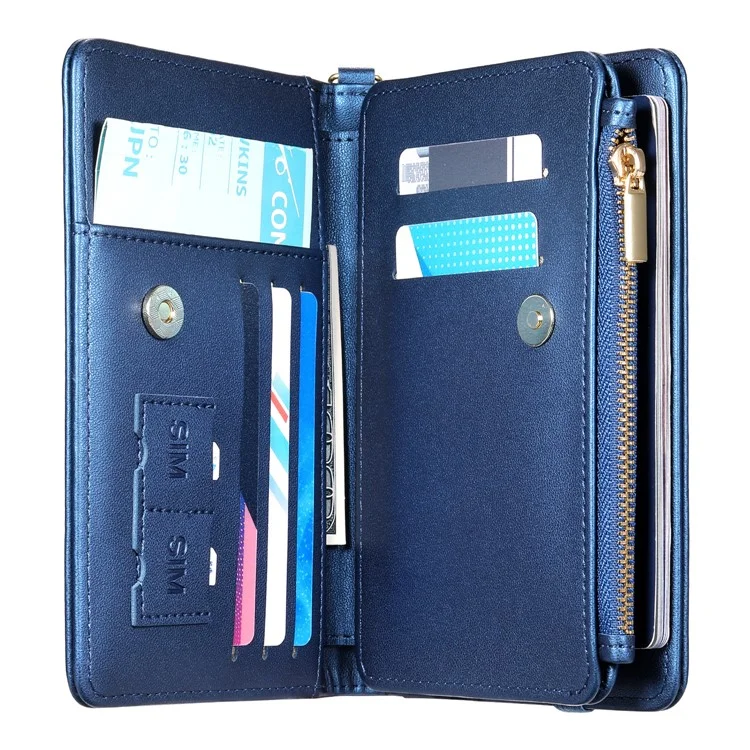 Cartera Multifuncional con Protección RFID, Porta Pasaporte con Cremallera, Organizador de Tarjetas, Bolsillo para Monedas y Correa de Muñeca - Azul Real