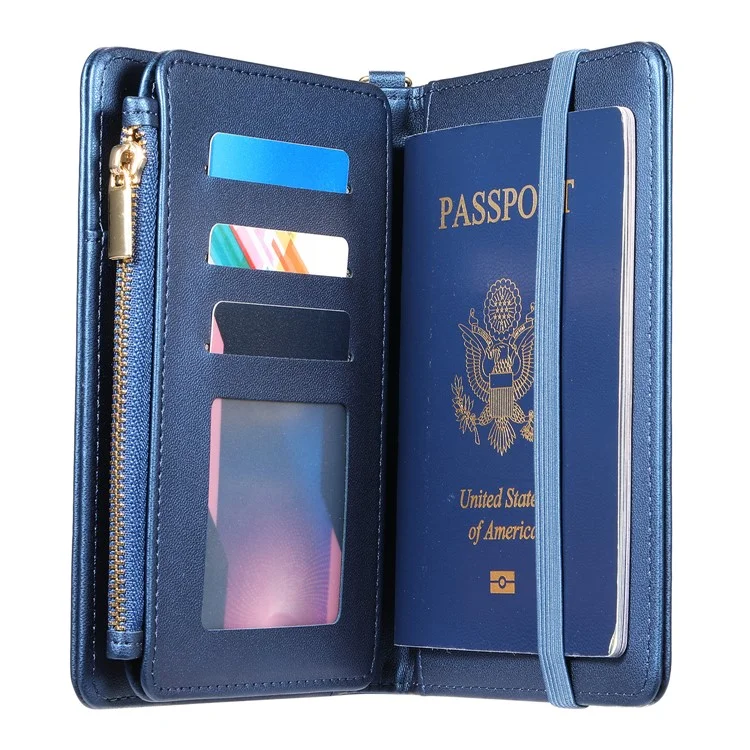 Cartera Multifuncional con Protección RFID, Porta Pasaporte con Cremallera, Organizador de Tarjetas, Bolsillo para Monedas y Correa de Muñeca - Azul Real