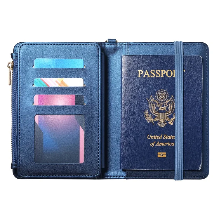 Cartera Multifuncional con Protección RFID, Porta Pasaporte con Cremallera, Organizador de Tarjetas, Bolsillo para Monedas y Correa de Muñeca - Azul Real