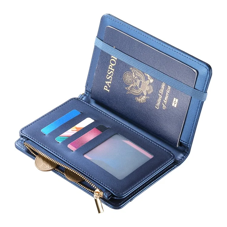 Cartera Multifuncional con Protección RFID, Porta Pasaporte con Cremallera, Organizador de Tarjetas, Bolsillo para Monedas y Correa de Muñeca - Azul Real
