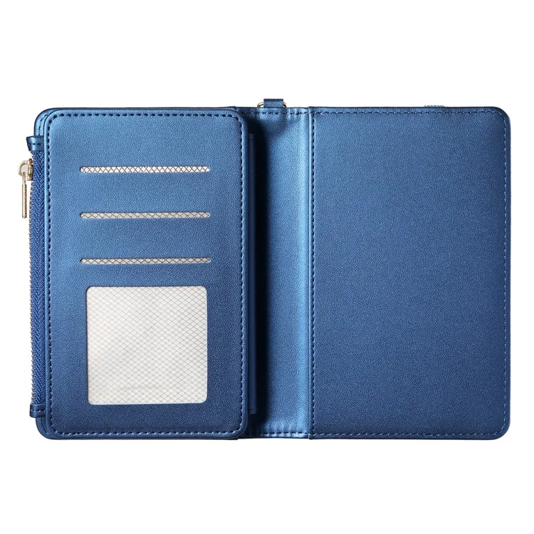 Cartera Multifuncional con Protección RFID, Porta Pasaporte con Cremallera, Organizador de Tarjetas, Bolsillo para Monedas y Correa de Muñeca - Azul Real