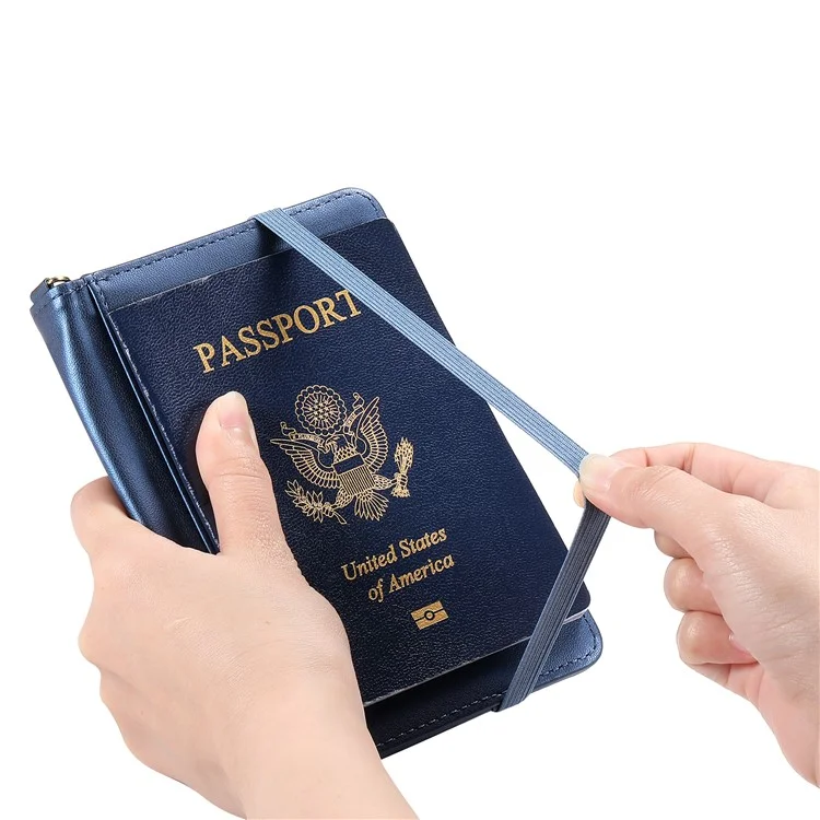 Cartera Multifuncional con Protección RFID, Porta Pasaporte con Cremallera, Organizador de Tarjetas, Bolsillo para Monedas y Correa de Muñeca - Azul Real