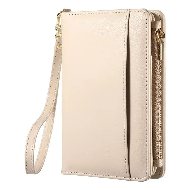 Multifunctional Wallet Zippered Passport Holder Card Organizer with Coin Pocket Wrist Strap RFID Protection - Apricot