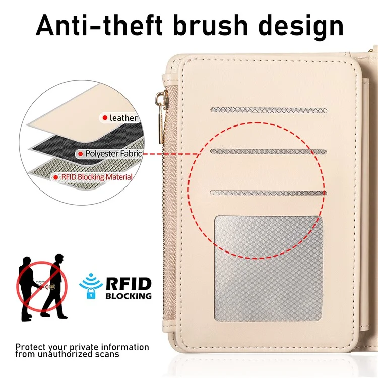 Multifunctional Wallet Zippered Passport Holder Card Organizer with Coin Pocket Wrist Strap RFID Protection - Apricot