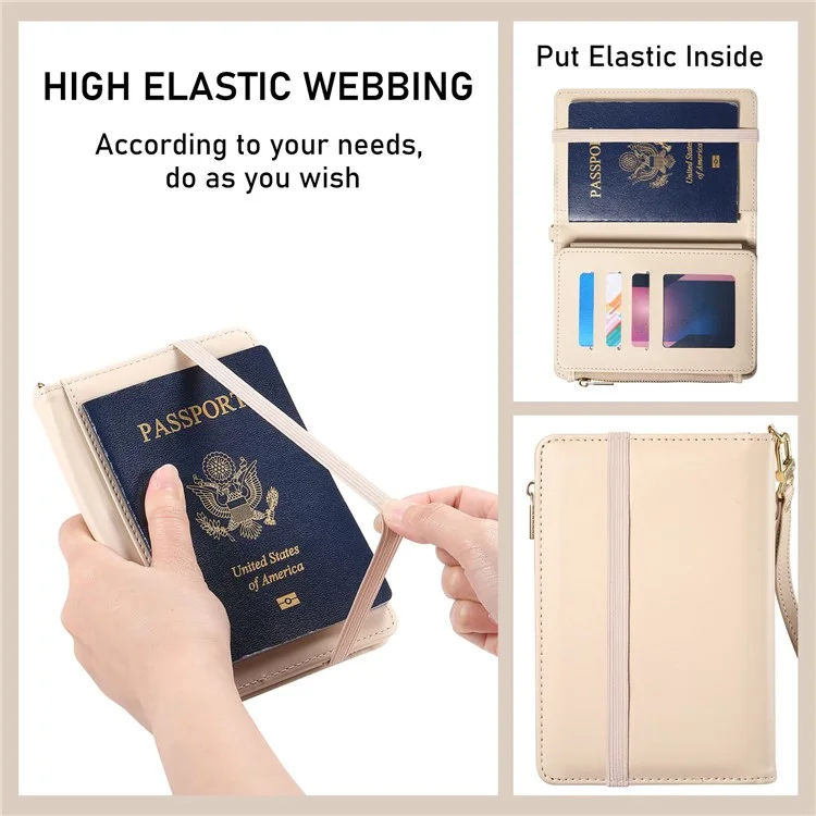 Multifunctional Wallet Zippered Passport Holder Card Organizer with Coin Pocket Wrist Strap RFID Protection - Apricot
