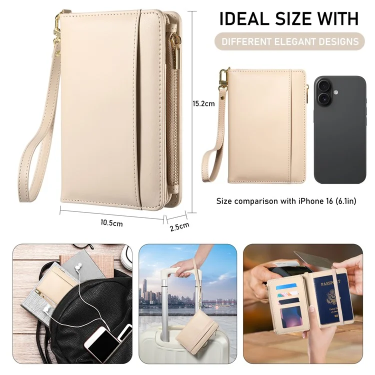 Multifunctional Wallet Zippered Passport Holder Card Organizer with Coin Pocket Wrist Strap RFID Protection - Apricot