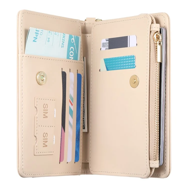 Multifunctional Wallet Zippered Passport Holder Card Organizer with Coin Pocket Wrist Strap RFID Protection - Apricot
