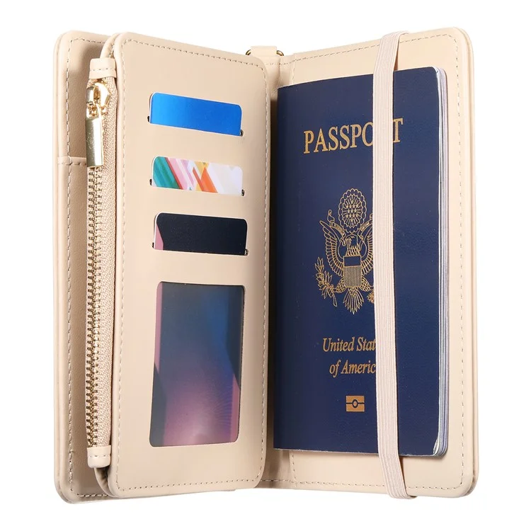 Multifunctional Wallet Zippered Passport Holder Card Organizer with Coin Pocket Wrist Strap RFID Protection - Apricot
