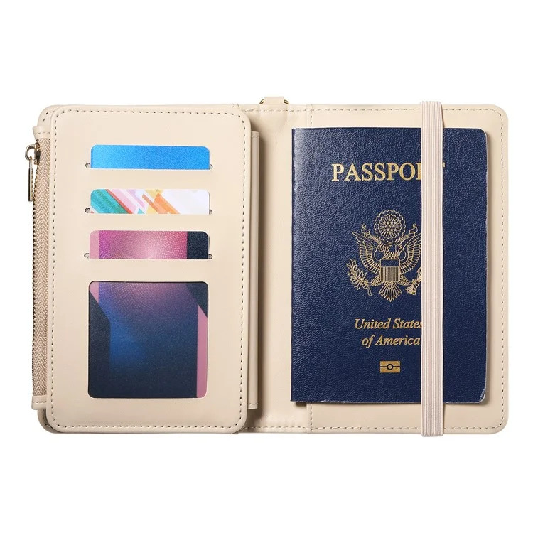 Multifunctional Wallet Zippered Passport Holder Card Organizer with Coin Pocket Wrist Strap RFID Protection - Apricot