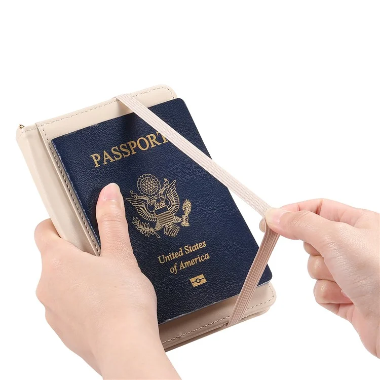 Multifunctional Wallet Zippered Passport Holder Card Organizer with Coin Pocket Wrist Strap RFID Protection - Apricot