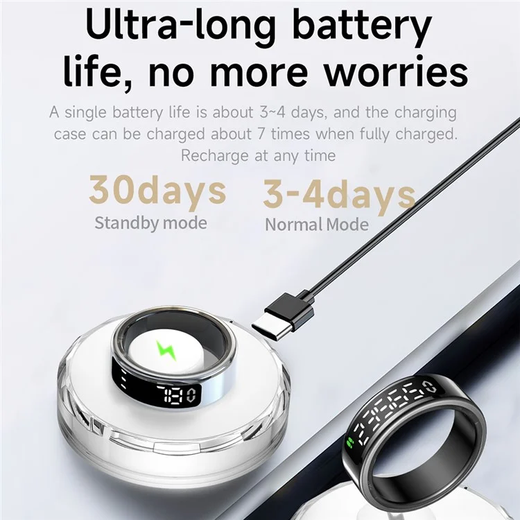 SY01 Digital Display Smart Ring Sleep Tracker Blood Oxygen Heart Rate Monitor with Charging Case - Black / Size 8