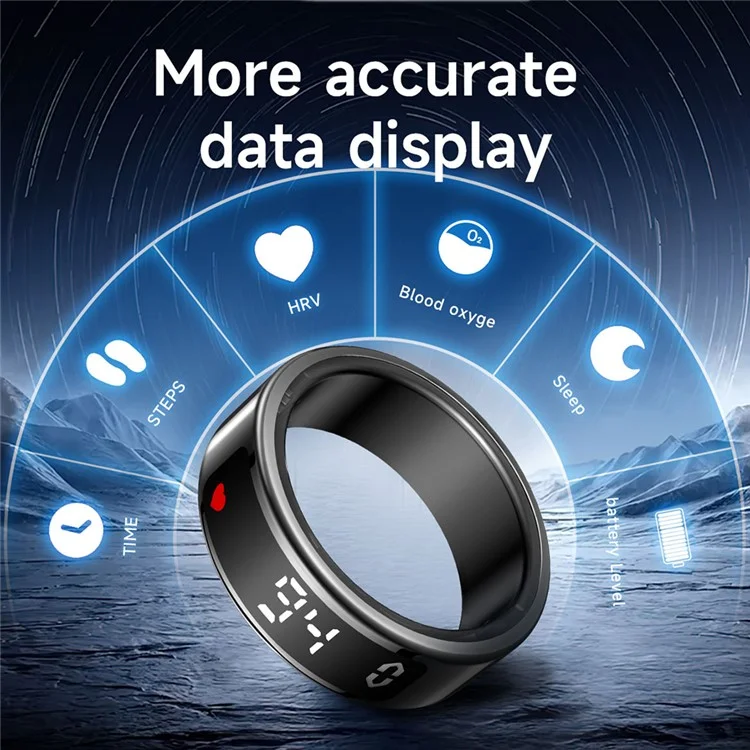 SY01 Digital Display Smart Ring Sleep Tracker Blood Oxygen Heart Rate Monitor with Charging Case - Black / Size 8