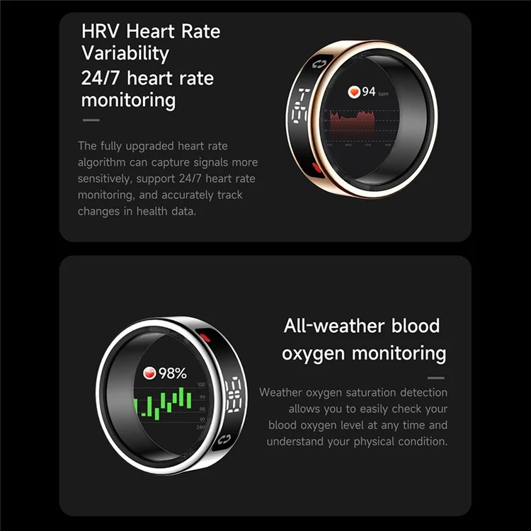 SY01 Digital Display Smart Ring Sleep Tracker Blood Oxygen Heart Rate Monitor with Charging Case - Black / Size 8