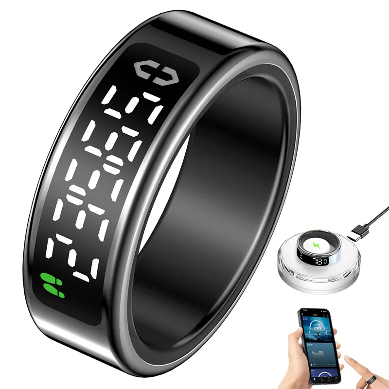 SY01 Digitale Display Smart Ring voor Slaap-, Bloedzuurstof- en Hartslagmonitor met Oplaadcase - Zwart / Maat 13