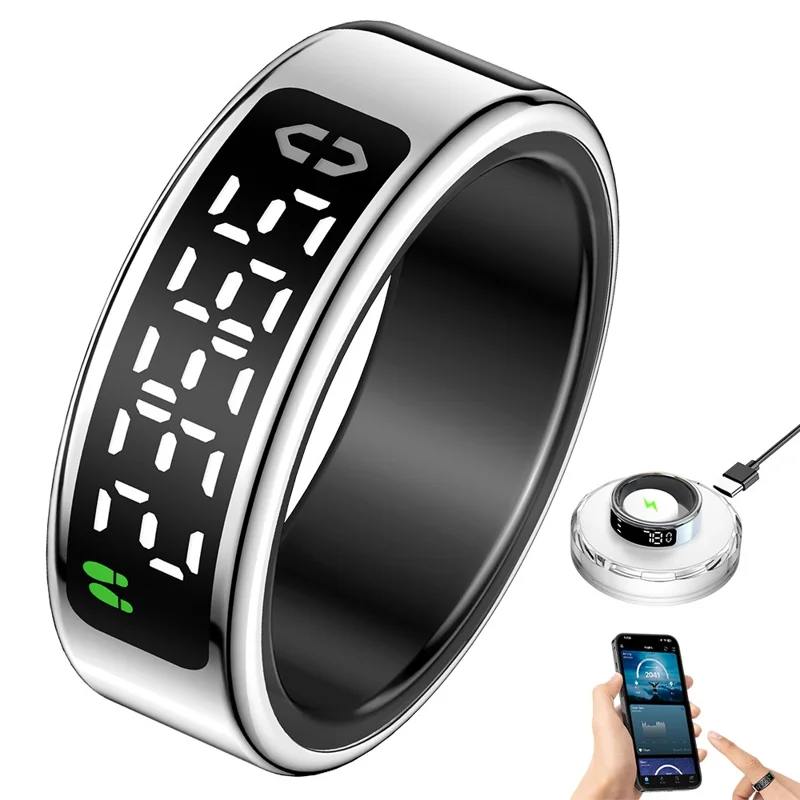 SY01 Digital Display Smart Ring Sleep Blood Oxygen Heart Rate Monitor Ring with Charging Case - Silver / Size 13