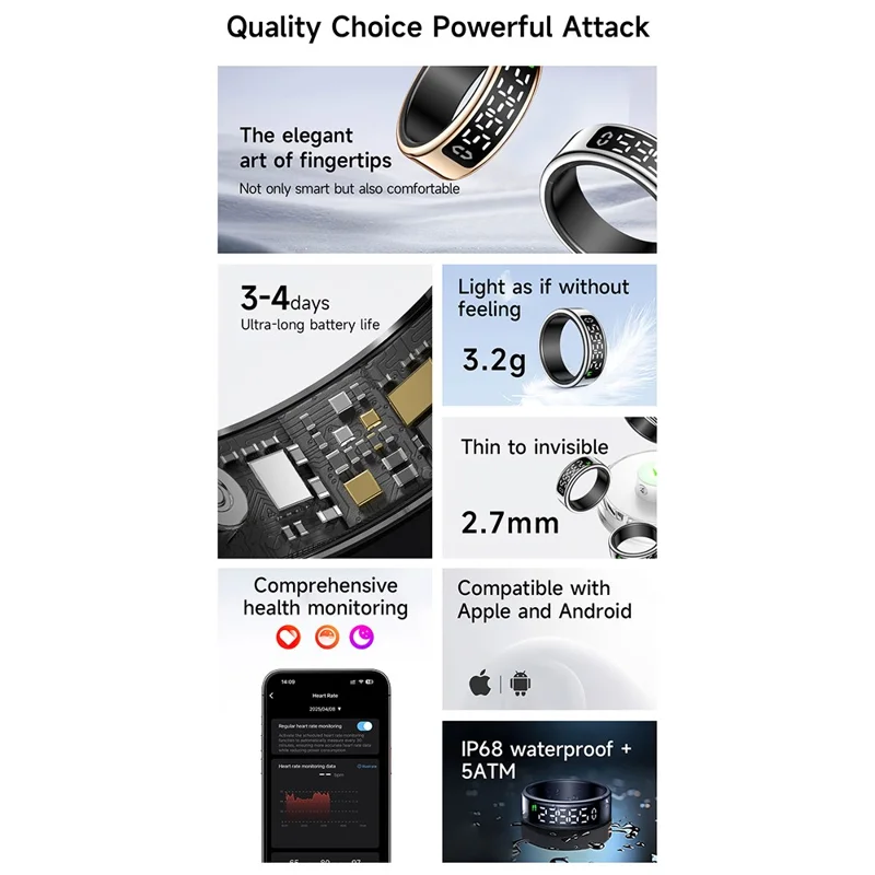 SY01 Digital Display Smart Ring Sleep Blood Oxygen Heart Rate Monitor Ring with Charging Case - Silver / Size 13