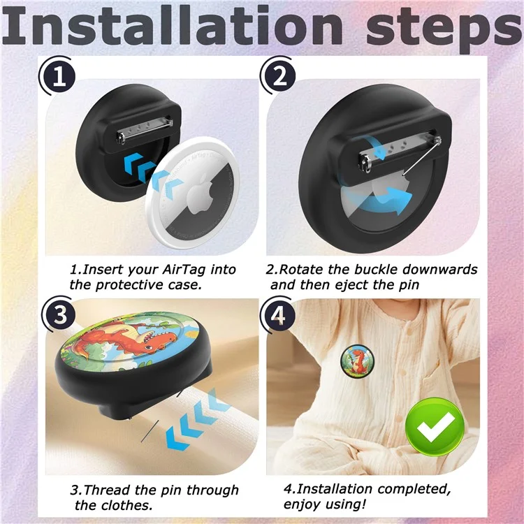 Capa de Silicone para AirTag com Estilo de Broche Cartoon, Capa Protetora com Protetor de Tela Frontal e Traseiro - Arco-Íris