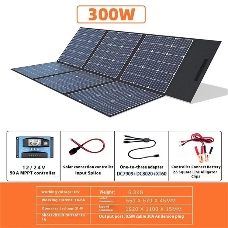 Painel Solar Dobrável EYONGPV EYF300-18M6 de 300W, Monocristalino para Carregamento Externo, Ideal para Camping e RV - Preto 18V