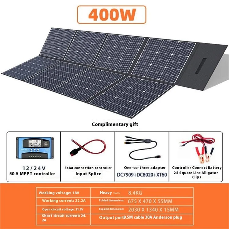 Painel Solar Dobrável EYONGPV 400W Monocristalino Portátil para RV, Camping, Viagem, Emergência e Energia Externa - Preto 18V